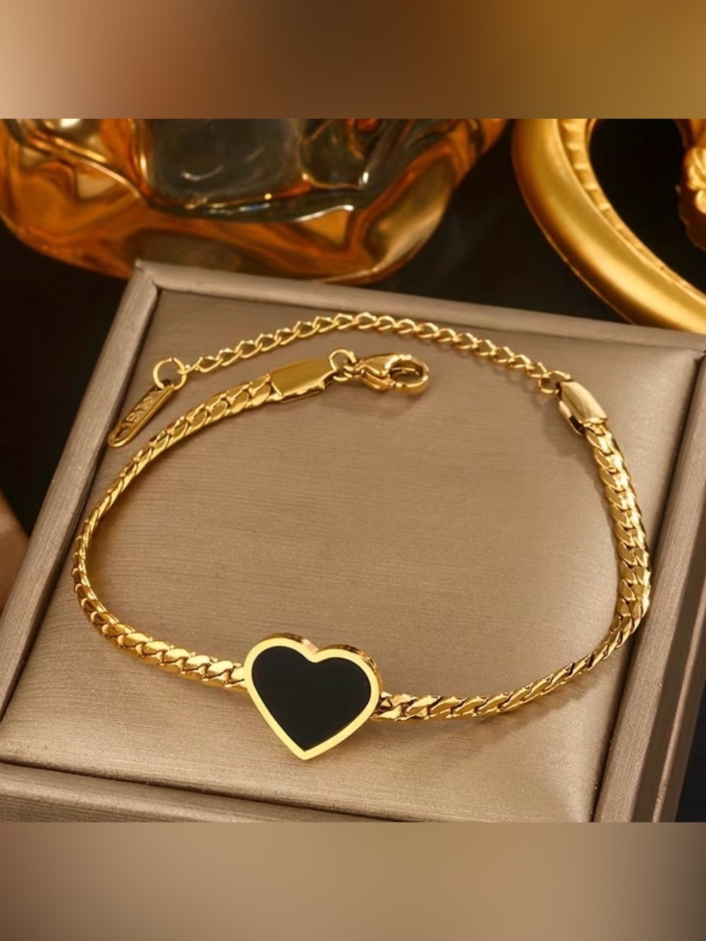 Gold Heart Bracelet with Black Enamel Center - Women's Jewelry